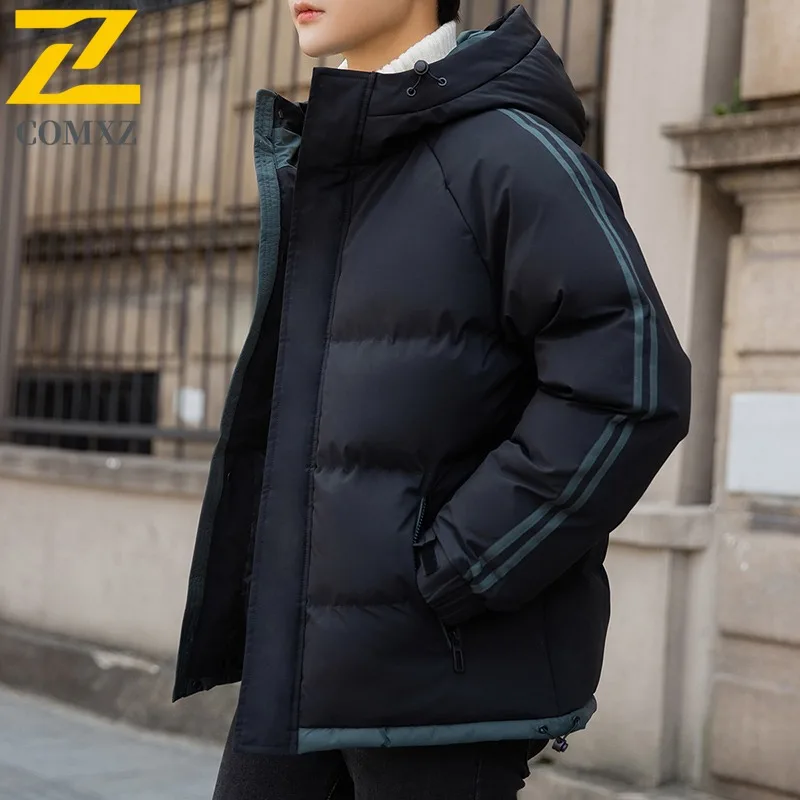 COMXZ 2025 Winter Fashion Stand Collar Cotton Jacket Hooded Winter Waterproof Windproof Outdoor Casual Warm Coat Men Streetwear