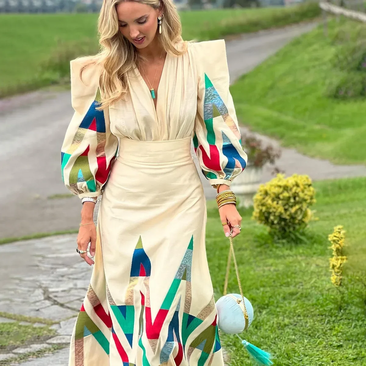 

Printed Contrast Pleated Suit Dress Women Long Puff Sleeve V-neck Top High Waist Skirt Female New Spring Lady Y2k Dress