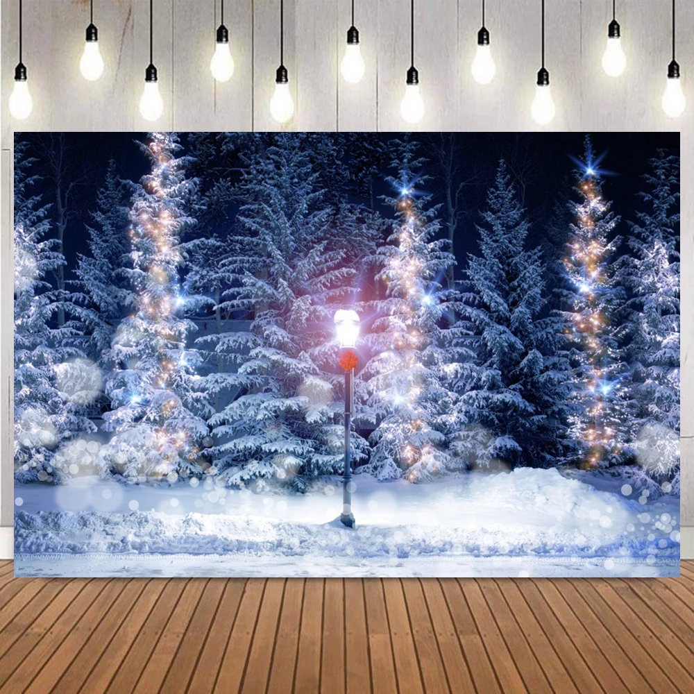 Winter Night Backdrop Wonderland Snow Forest Mountain Natural Landscape Christmas Party Decor Photography Background Photo