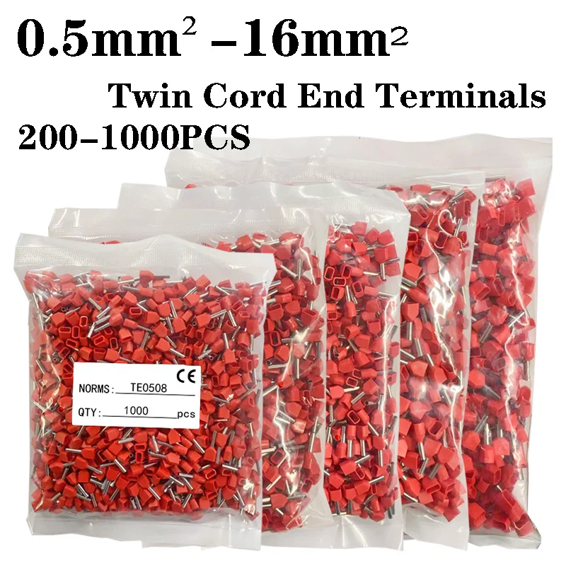 

200-1000PCS Pure Copper Twin Cord End Terminals Insulated Terminals Tubular TE0508 7508 1510 4012 6014 10-14 Wire Connectors