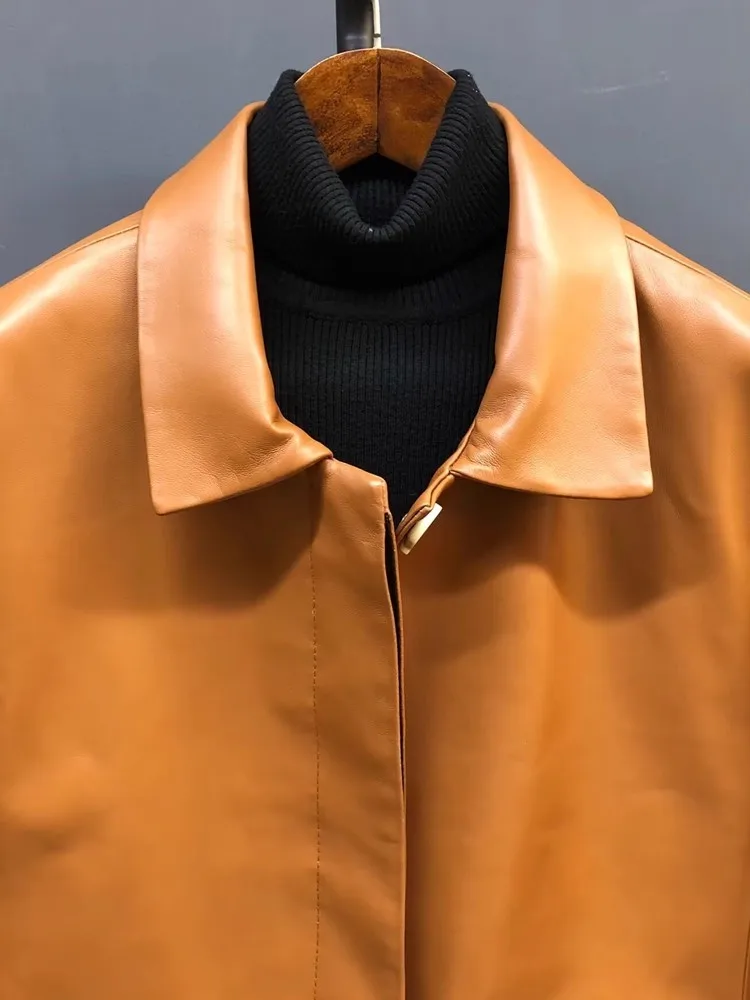 Korean Style Retro Straight Women Genuine Leather Jacket Long Sleeve Turndown Collar Sheepskin Outerwear Single Breasted Coats