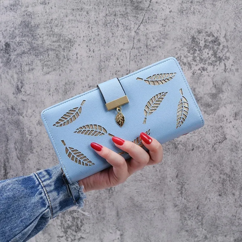 Sweet PU leather horizontal zipper long hollow leaf shaped women's wallet, coin purse, can hold mobile phone