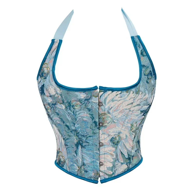 

Summer Women Vintage Oil Painting Corsets Fashion Floral Print Shoulder Strap Overbust Corset Gothic Bustier Vest Tops