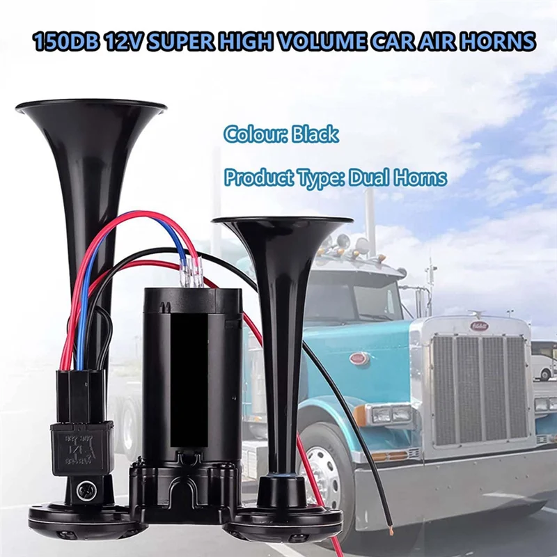 

A10E-Horn Kit, 12V 150Db Car Air Horn Super Loud 2 Trumpet Train Horn Kit With Compressor For Trucks Trains Boats Black