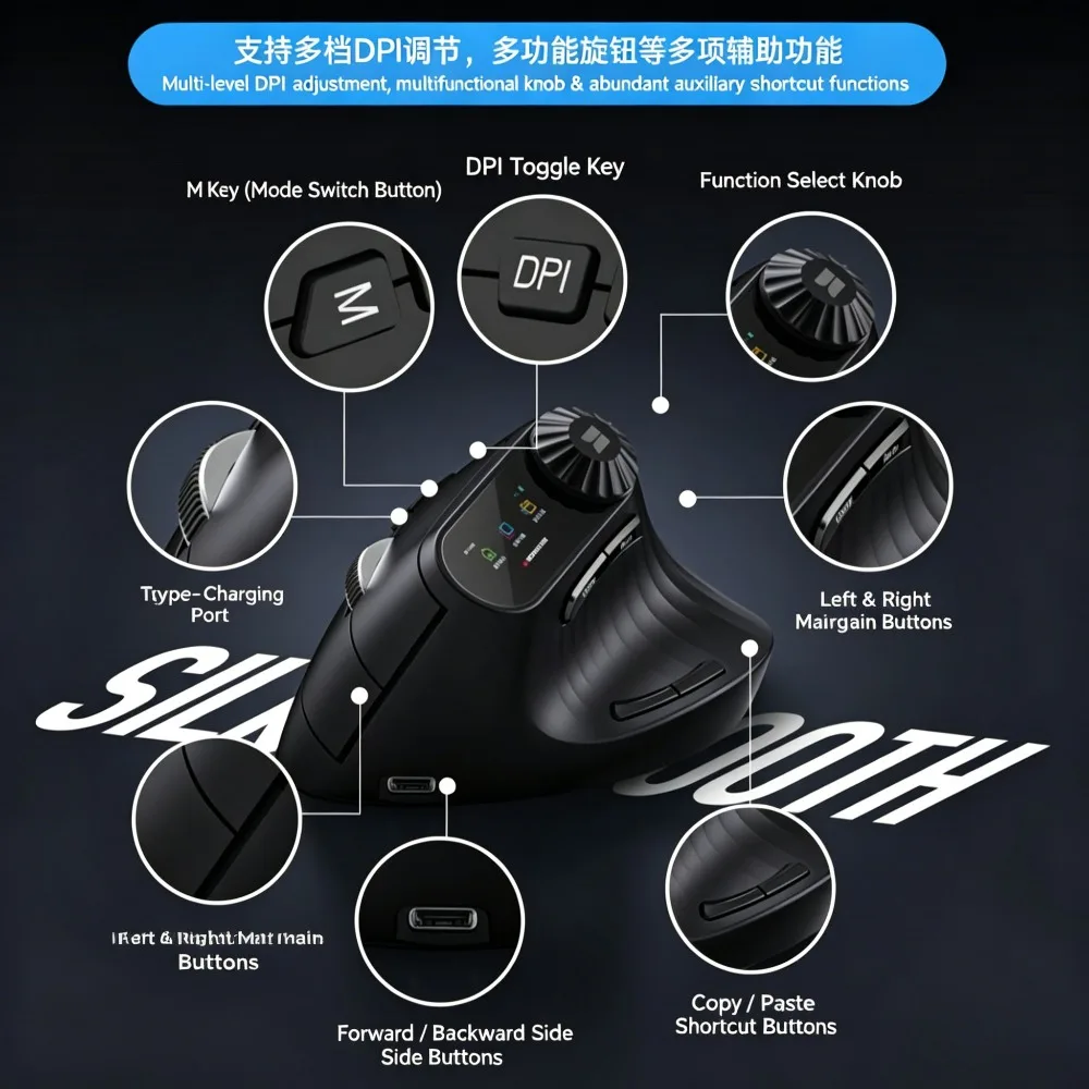 Monster M2MAX Vertical Mouse Dual-Mode Wireless Bluetooth Rechargeable Long Battery Life with Screen Ergonomic Office Accessory