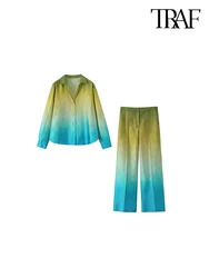 TRAF Women's Chic Gradient Tie-Dye Suit Single-breasted Lapel Long-sleeved Shirt Wide-legged Pants Fashion Two-piece Set