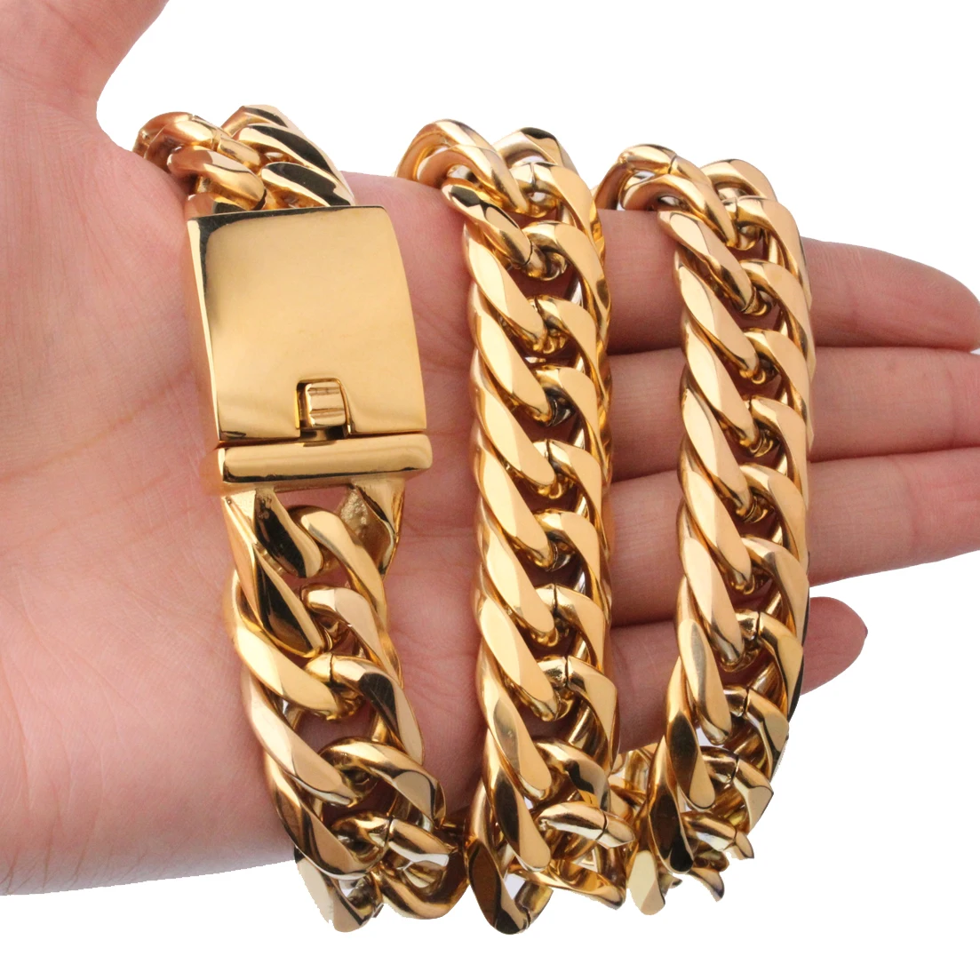 

Any Length 7"-40" Heavy Polished Men's Chain Gold Color 316L Stainless Steel Cuban Curb Link Necklace or Bracelet 13/16mm Wide