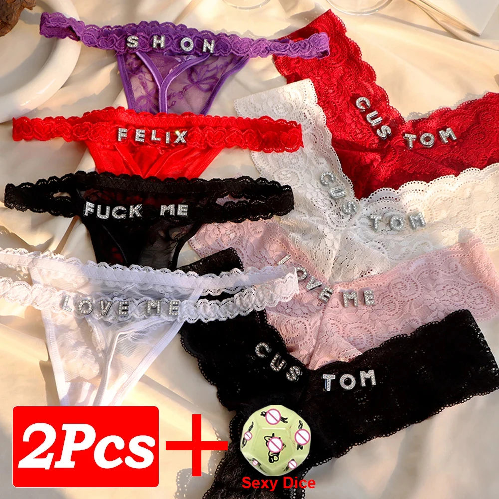 2Pcs/set Custom String Thongs Panties with Name Women Letters Lace Thongs G String Personalized Underwear Lingerie Dice Gifts