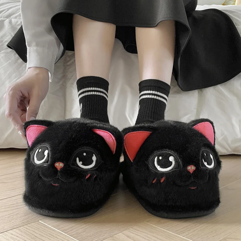 New Cute Cartoon Animals Elf Cat Slippers Female Winter Indoor Home Plus Velvet Warm Non-slip Fuzzy Cotton Slippers Women Shoes