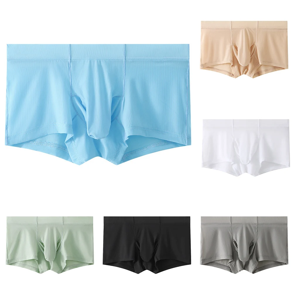 Boxers de bojo de seda gelada masculinos, troncos longos com bainha, shorts translúcidos ultrafinos, roupa interior confortável respirável, cuecas