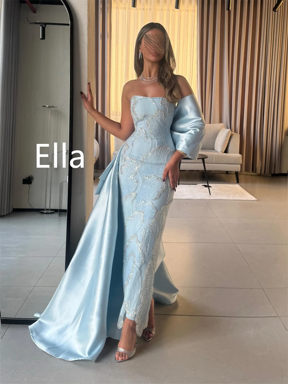 Customized Soft Blue Satin Evening Dress Temperament Strapless Prom Dress High Quality Court Train Bespoke Occasion Gowns