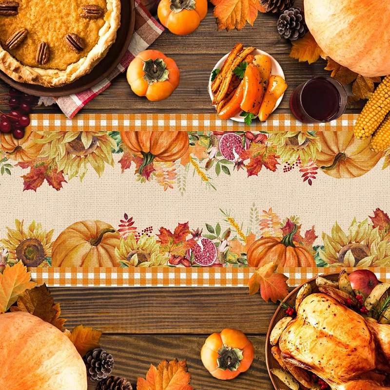 Fall Linen Table Runner Thanksgiving Tabletop Home Kitchen Orange Plant Decor Table Runner Pumpkin Sunflower Dining Room Decor