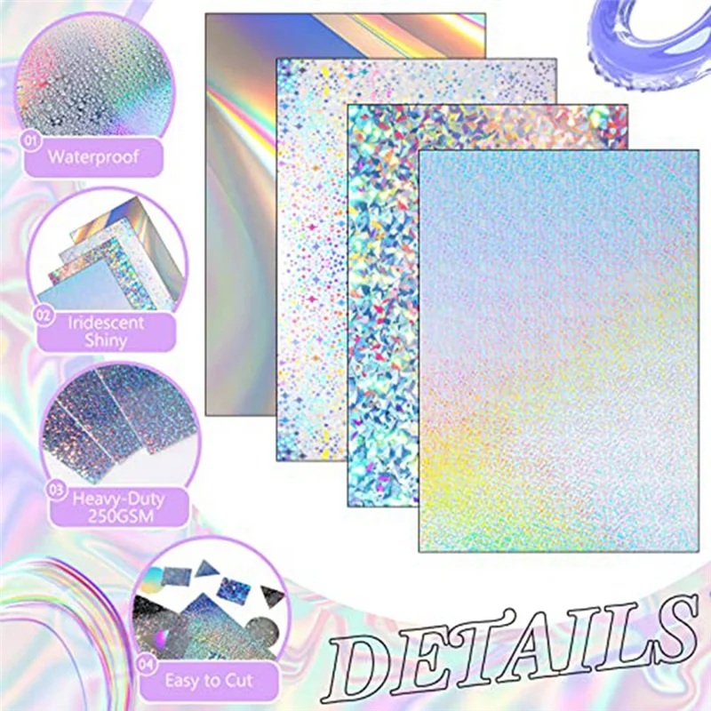 100 Sheets Metallic Holographic Card Stock Shiny Iridescent Mirror Paper Sheets A4 Size Mixed Color Paper