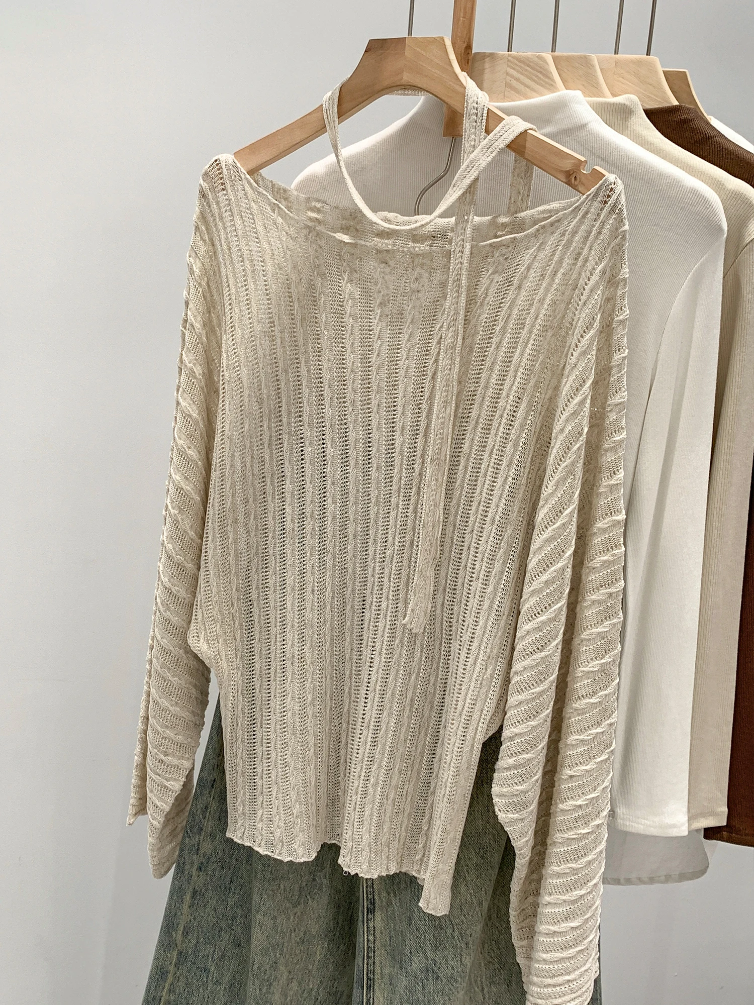 Ladies Loose Fit Knitted Shoulder Bared Top Korean Style Casual Hollow out Design Autumn Winter Fashion Elegant Lazy Girl Swe...