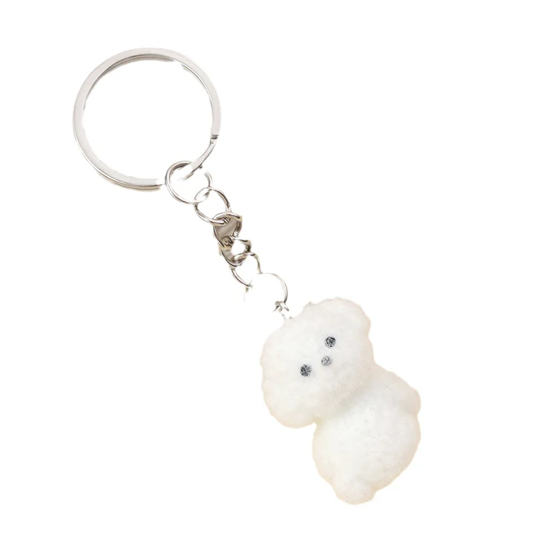 3D Cartoon Flocking White Dog Keychain Cute Flocked Puppy Animal Keyring Bag Pendant Backpack Charm Car Decor Accessories Gift