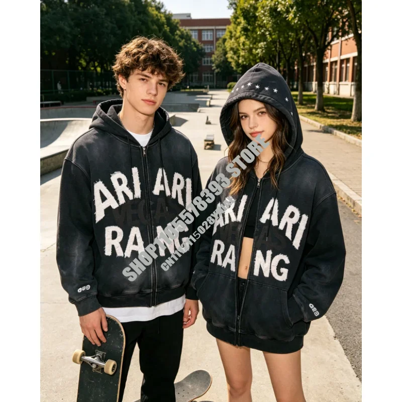 Retro Washed Black Hoodie, Distressed Tour ARIRANG Print Zip-Up Jacke, Oversized Frayed Streetwear, Lässiges Kapuzen-Sweatshirt