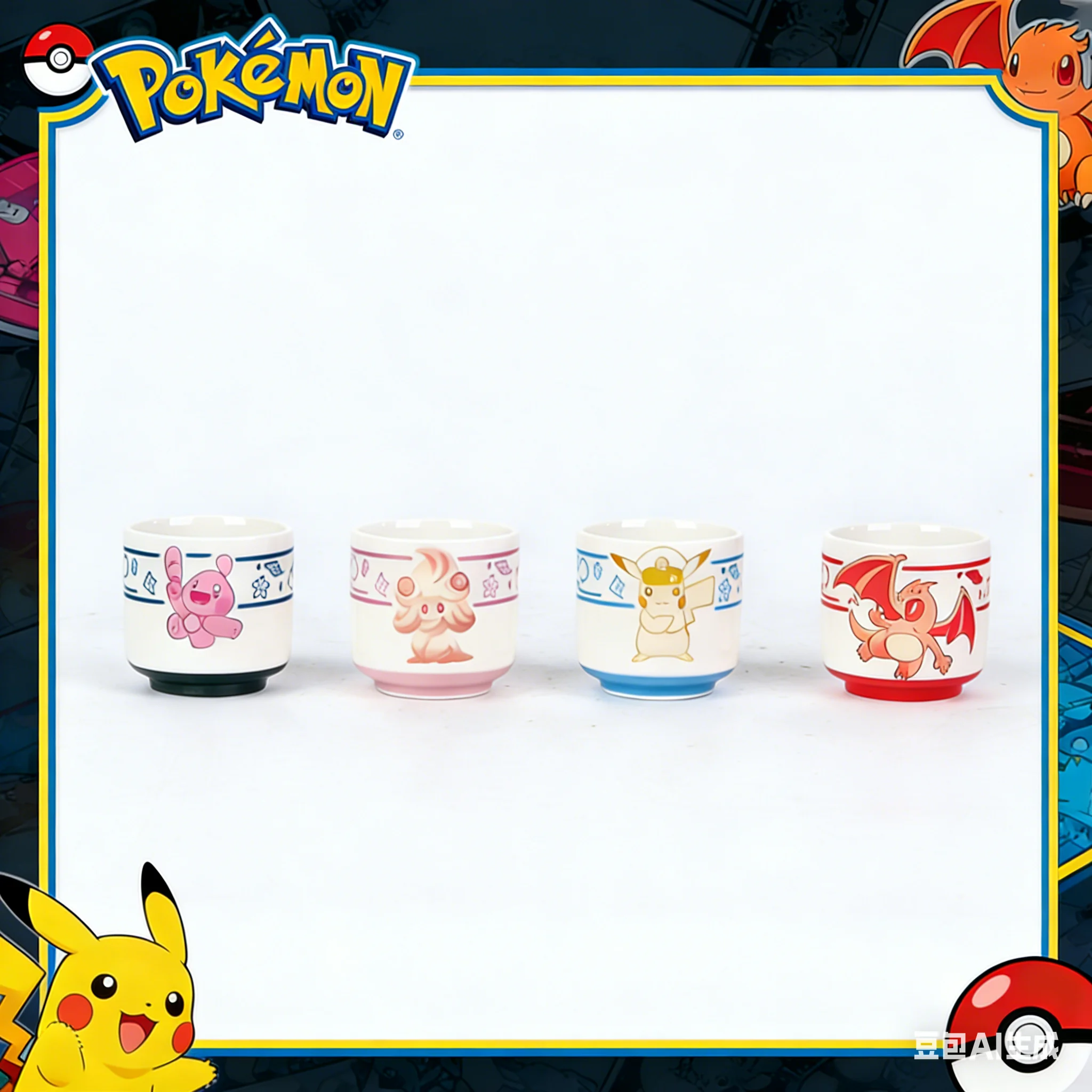 SHUNXIANG 4Pcs Ceramic Mup Officially Licensed Pokemon Ceramic Cup Set Anime Tea Cup Cute Cartoon Coffee Cup Gift Box for Fans
