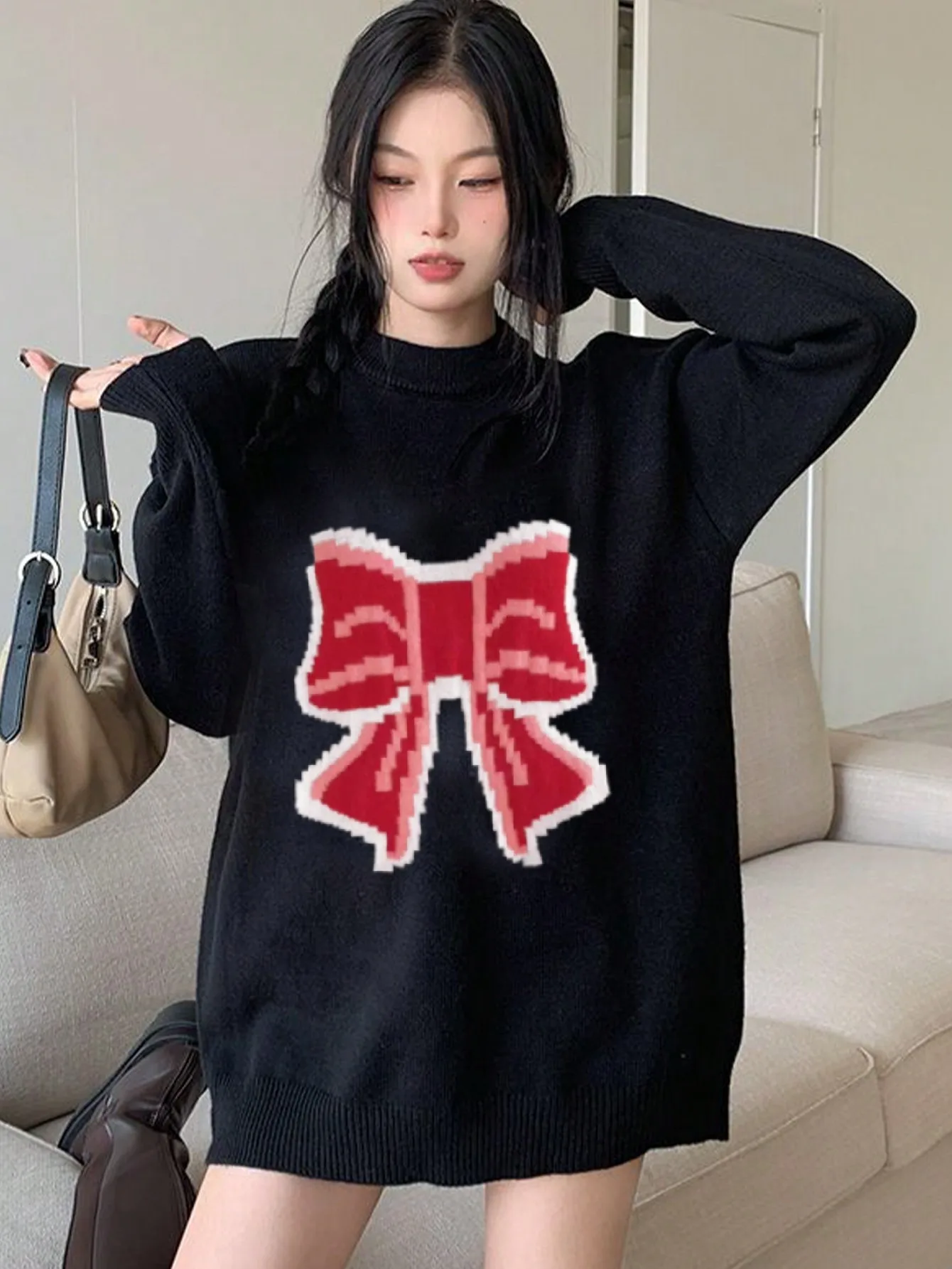 

South Korea's Dongdaemun Chic Autumn and Winter Lazy Style Sweet Age-Reducing Mid-Length Bow Print Knitwear Knitwear for Women