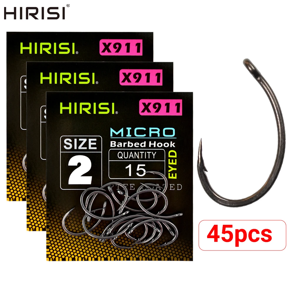 Hirisi 45 Stück Angelhaken aus PTFE-beschichtetem Hartstahl mit Mikro-Stachel und Öse für Karpfenangeln, Zubehör X911