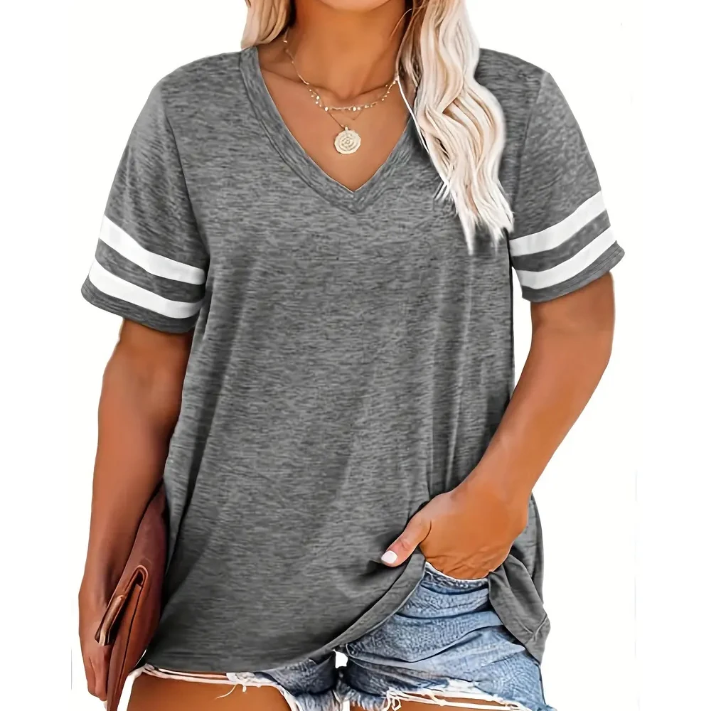 Women\'s V-Neck Short-Sleeved T-shirt, Color Combination, Large Size, Loose, Casual, Comfortable Stripes, Thin Shirt, Summer, New