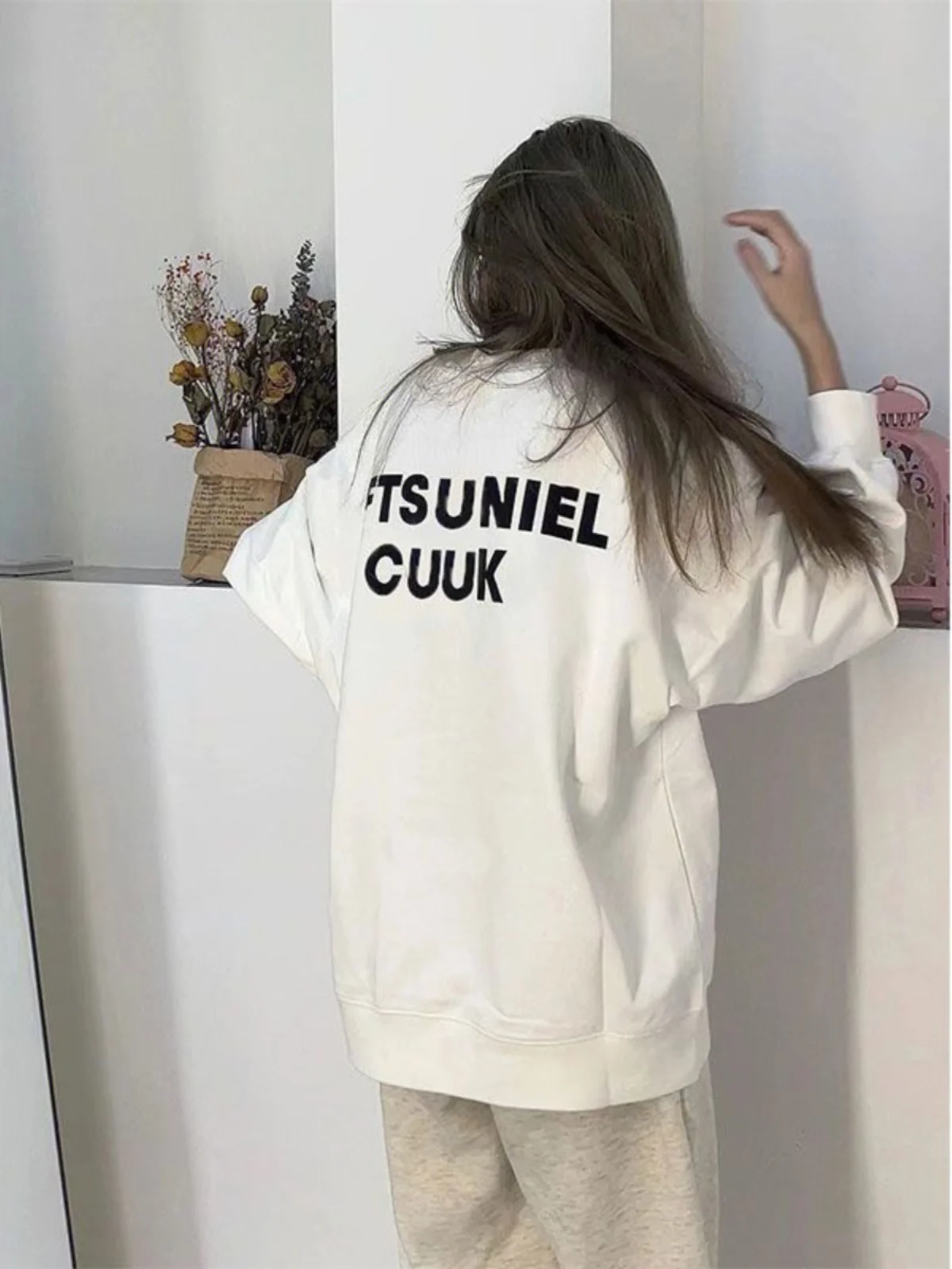 

White Oversize Hoodless Sweatshirt Women's Autumn Winter Thickened Fleece Long Sleeve Loose Casual Style Fashion Brand