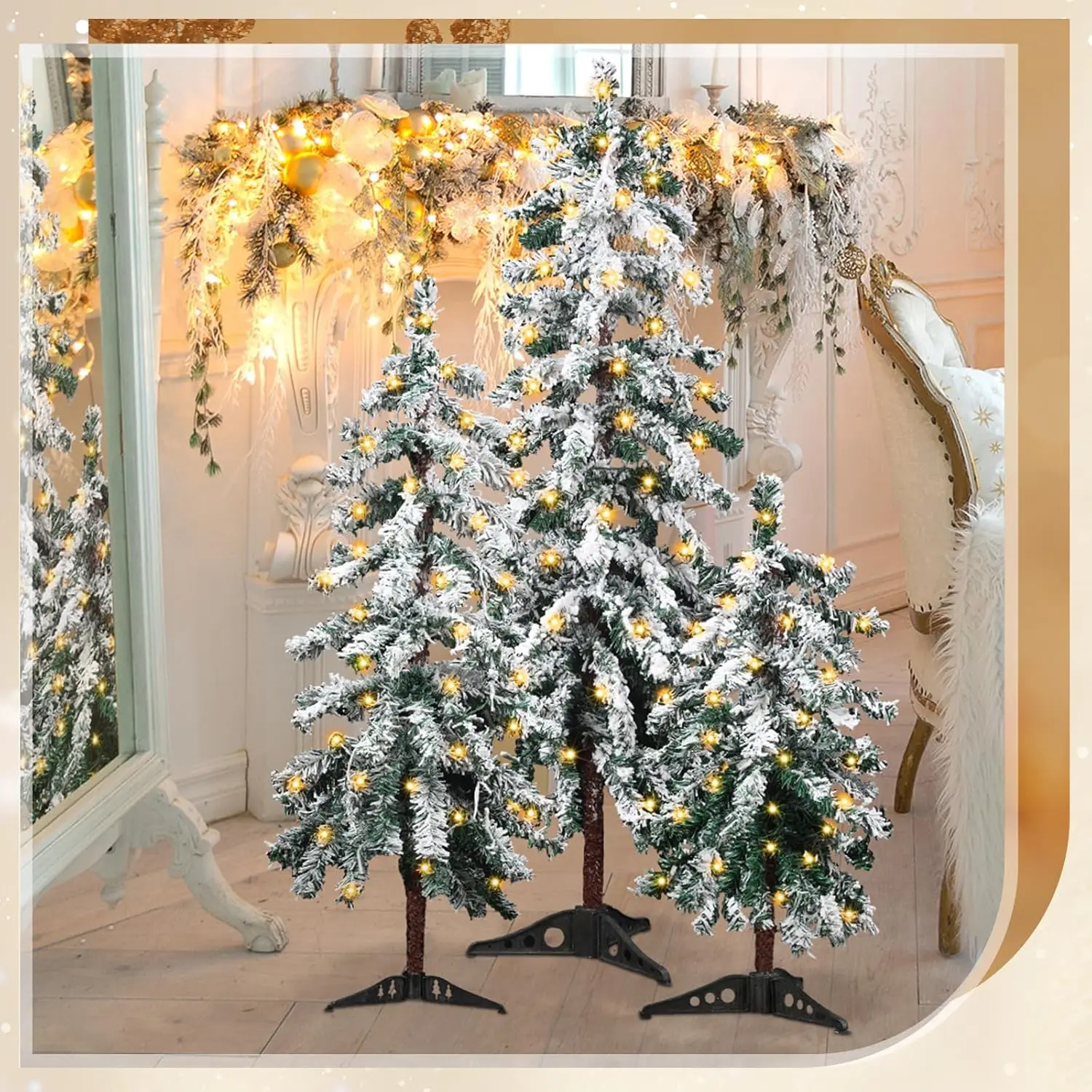 مجموعة شجرة عيد الميلاد الاصطناعية الطبيعية المتدفقة مكونة من 3 قطع مع أضواء شجرة عيد الميلاد المتدفقة (شجرة جبال الألب، 2 بوصة 3 بوصة 4 بوصة)