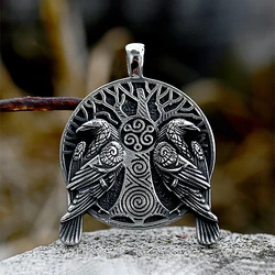 Fashion Vintage Viking Odin Double Ravens Necklace Stainless Steel Nordic Tree of Life Pendant for Men Amulet Jewelry Wholesale