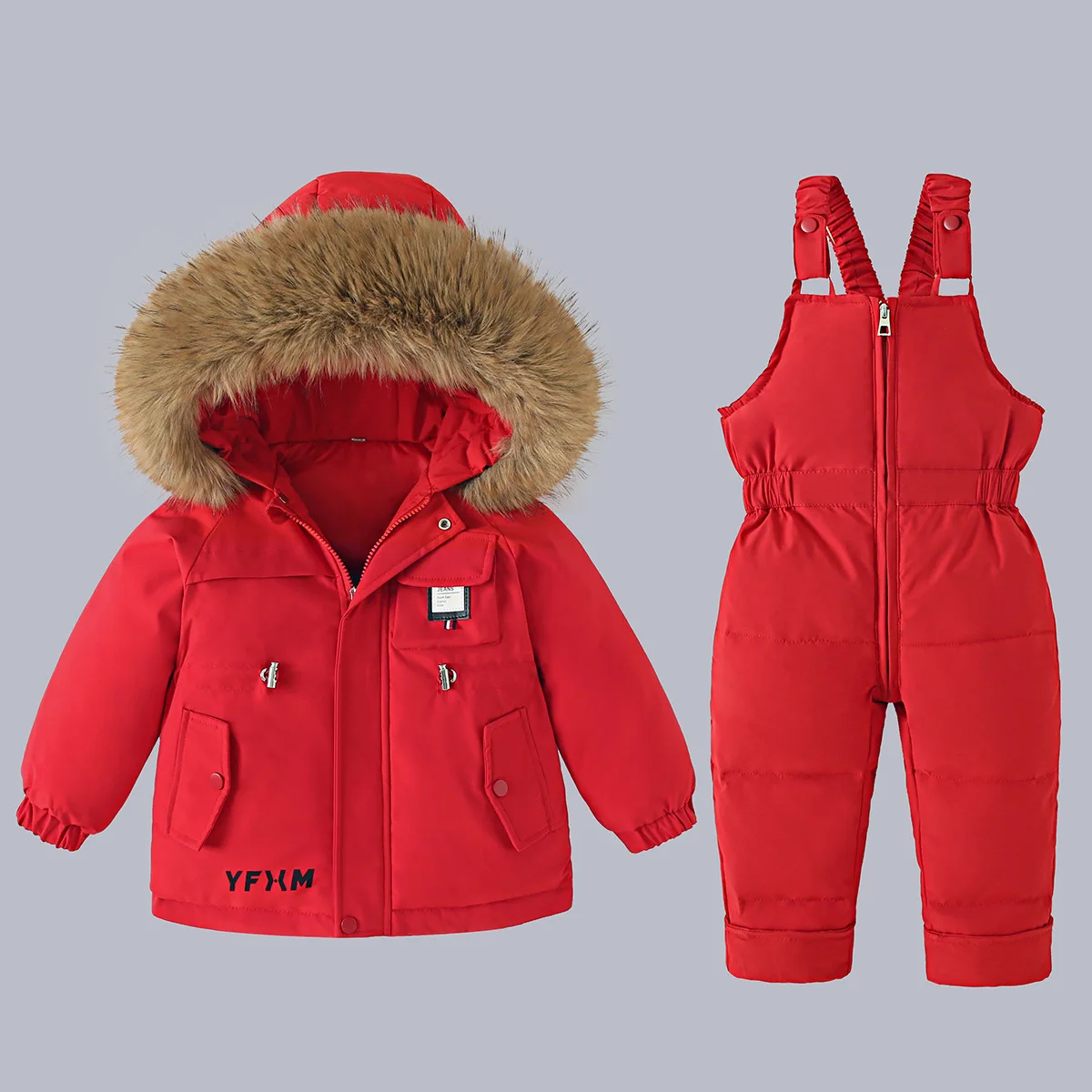 Winter Warm New Baby Snowsuit 2-6 Y Children Outdoor Thicken Fur Hooded Jacket+Overalls 2Pcs Duck Down Set For Kids Girls Boys