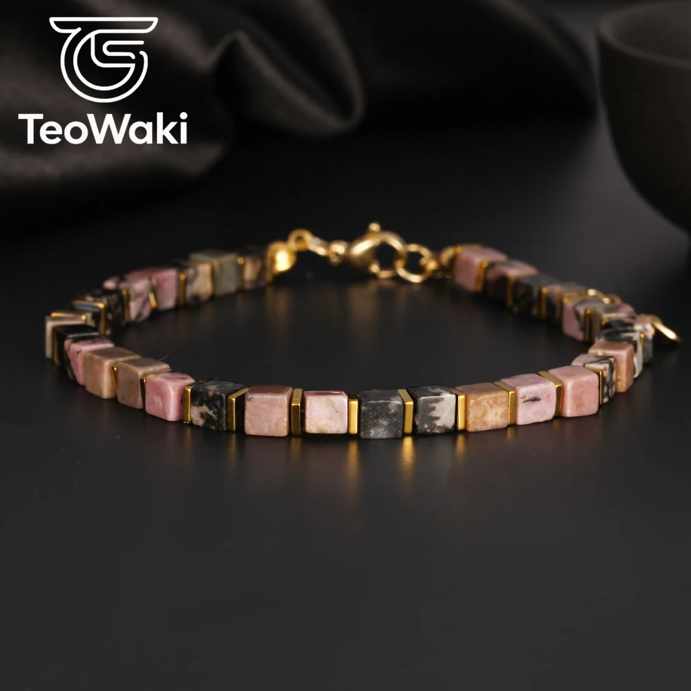TeoWaki Black Lace Rhodonite Stone Bracelet For Men Reclaim Your Confidence Natural Beaded Healing Chain Bracelets Jewelry17+5cm