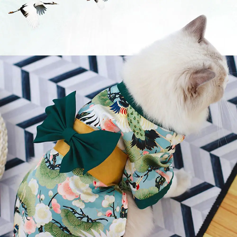 Pets Printed Kimono With Bowknot Girdle Fashionable Japanese Style Waist Magic Buckle Neckline Snap Buttons Clothes For Dogs Cat