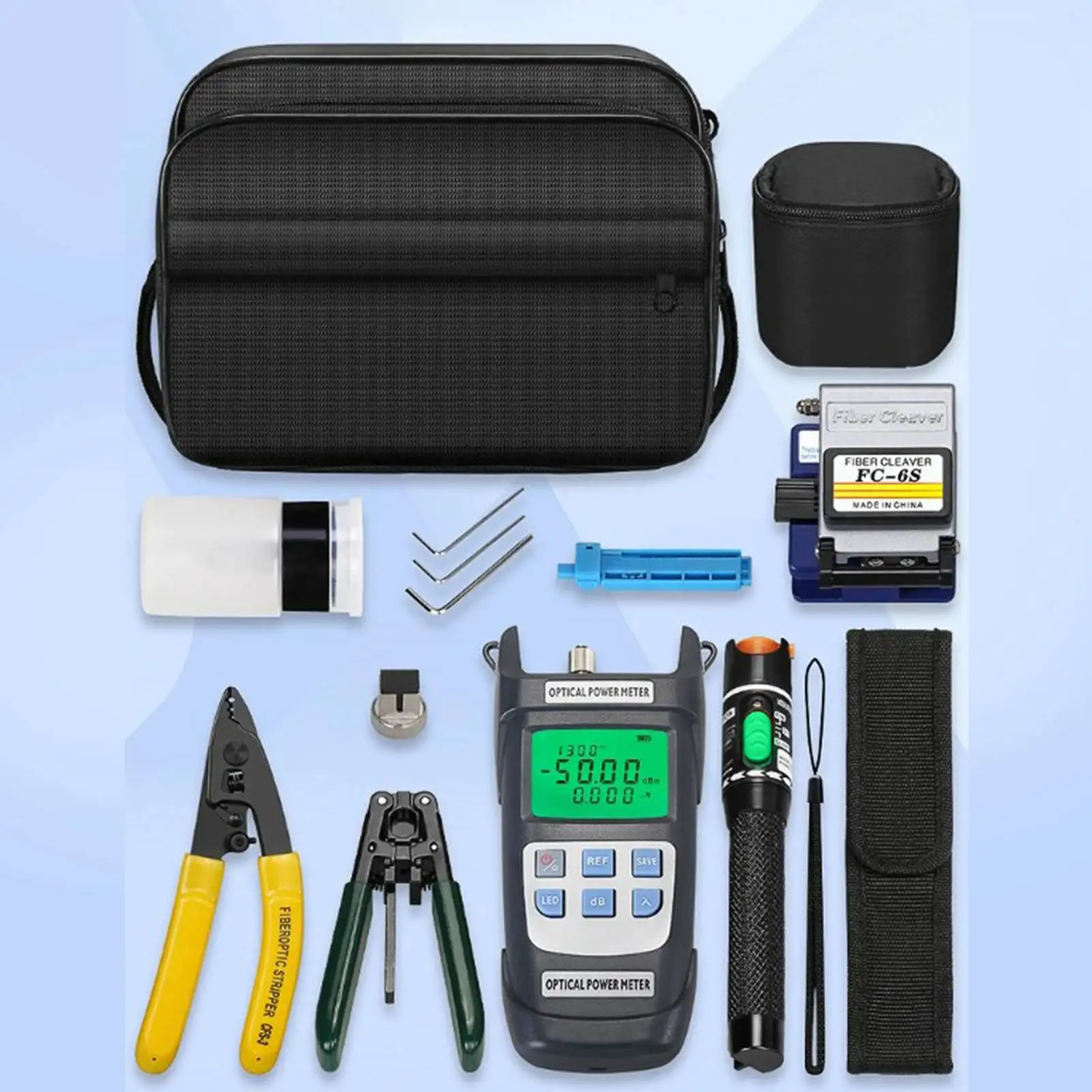 ชุดเครื่องมือใยแก้วนำแสง เครื่องวัดพลังงานแสง ปากกาแสงสีแดง ชุดปอกสายไฟเบอร์ สำหรับซ่อมบำรุงโทรคมนาคม FTTH