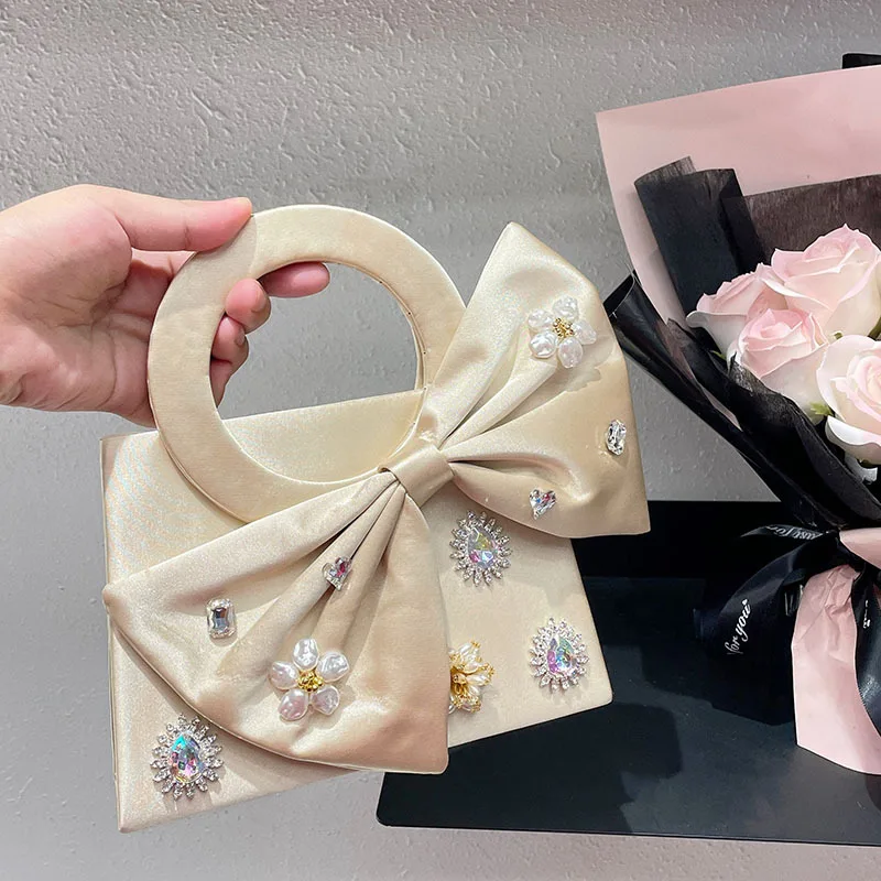 

Сладкий тренд, милая, крутая, маленькая квадратная сумка с большим бантом, блестящая сумка ineff Dua Diamond Water Drop, цветочная сумка