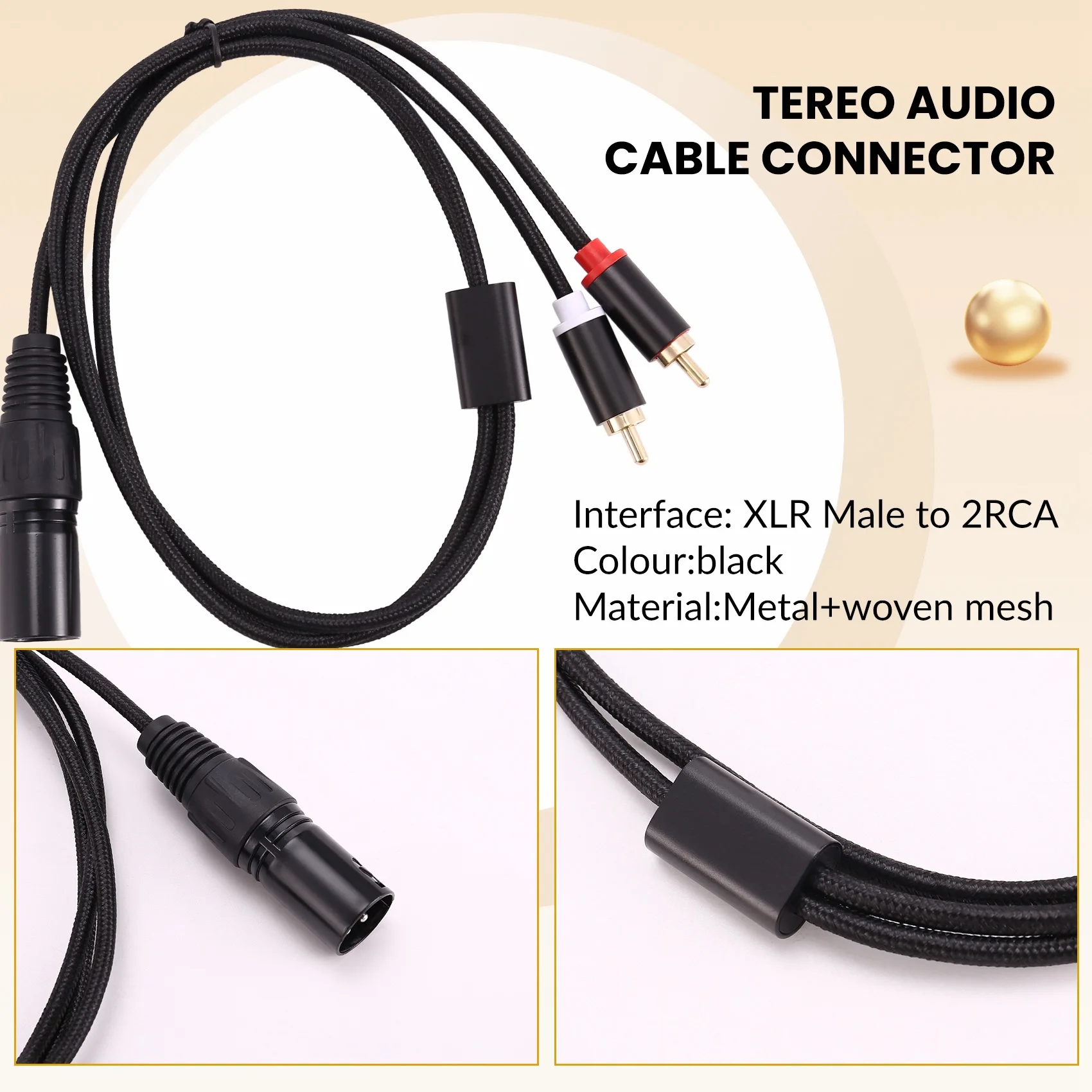 Y47A XLR Male to Dual RCA Audio Cable, 3 Pin to 2RCA Stereo Cable, 1Meter Metal Woven for Mixer Amplifier Speaker