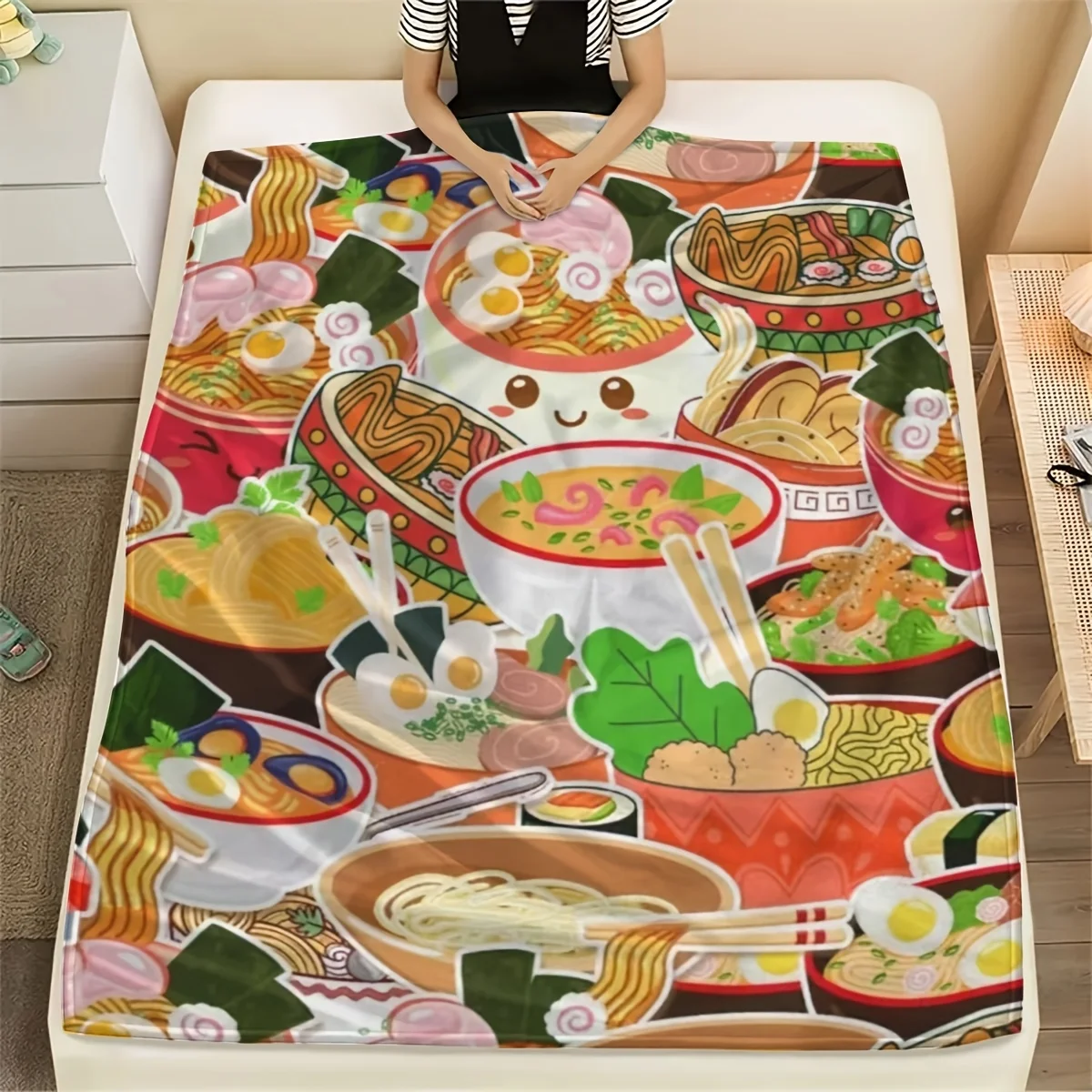 Cute Ramen Noodle Bowl Fleece Blanket Soft Warm Plush Throw Quilt Anime Food Art Bedding Sofa Blankets Home Decor Gift
