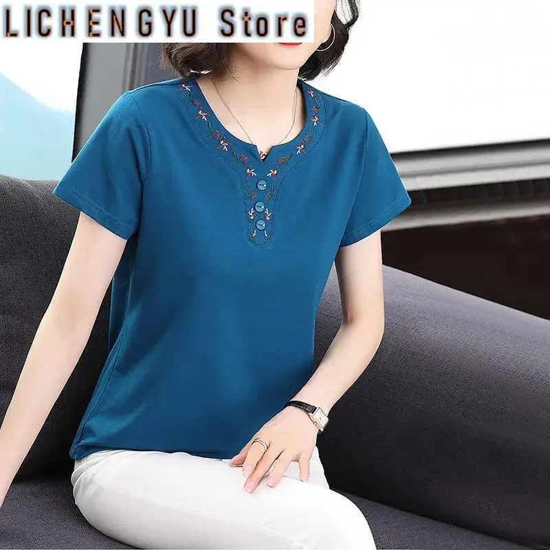 New Summer Women's Solid Color Splicing O-Neck Short Sleeve Loose Plus Size Thin Embroidery Button Fashion Casual Tops