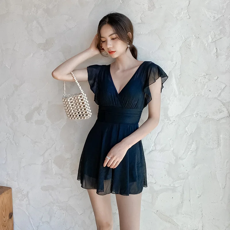 

Modest Sexy Underwire Push Up Swimsuit,Korean Women's Small Bust,Slim Fit Skirted One Piece Hot Spring Vacation Bathing Suit