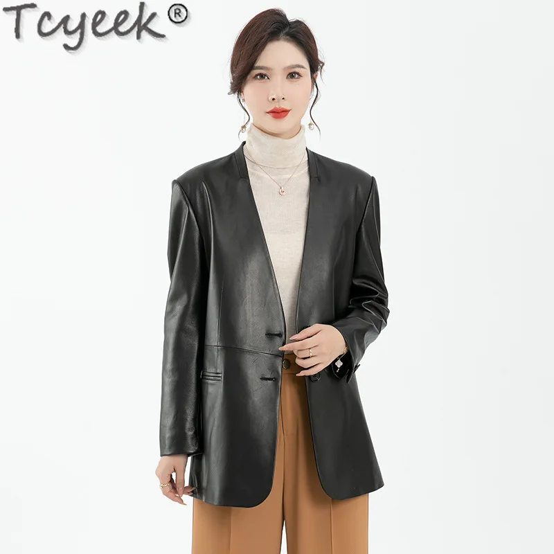 Tcyeek Real Leather Jacket Women Spring Autumn Clothes Genuine Sheepskin Coats 2024 Women's Leather Jackets V-neck Jaqueta Couro