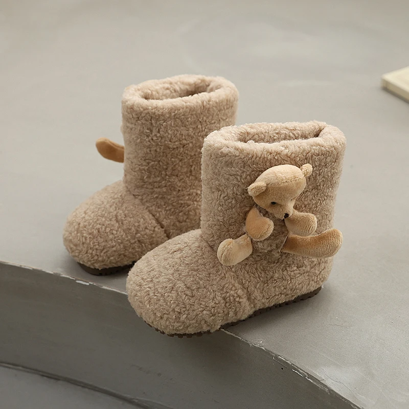 

2025 Winter Cute Bear Children Outdoor Ankle Sweet Girls Fashion Warm Plush Boots Soft Furry Kids Slip-on Princess Snow Boots