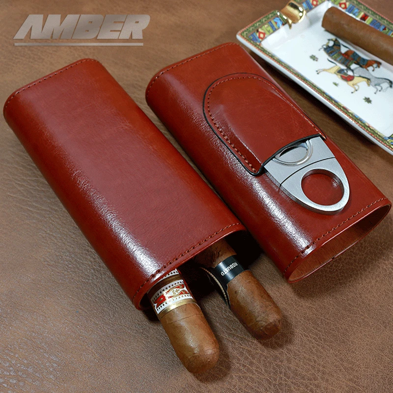 

Cigar Case 3- cigars tubes Leather Travel Portable Humidor with Cedar Wood Lined with Stainless Steel Cigars Cutter