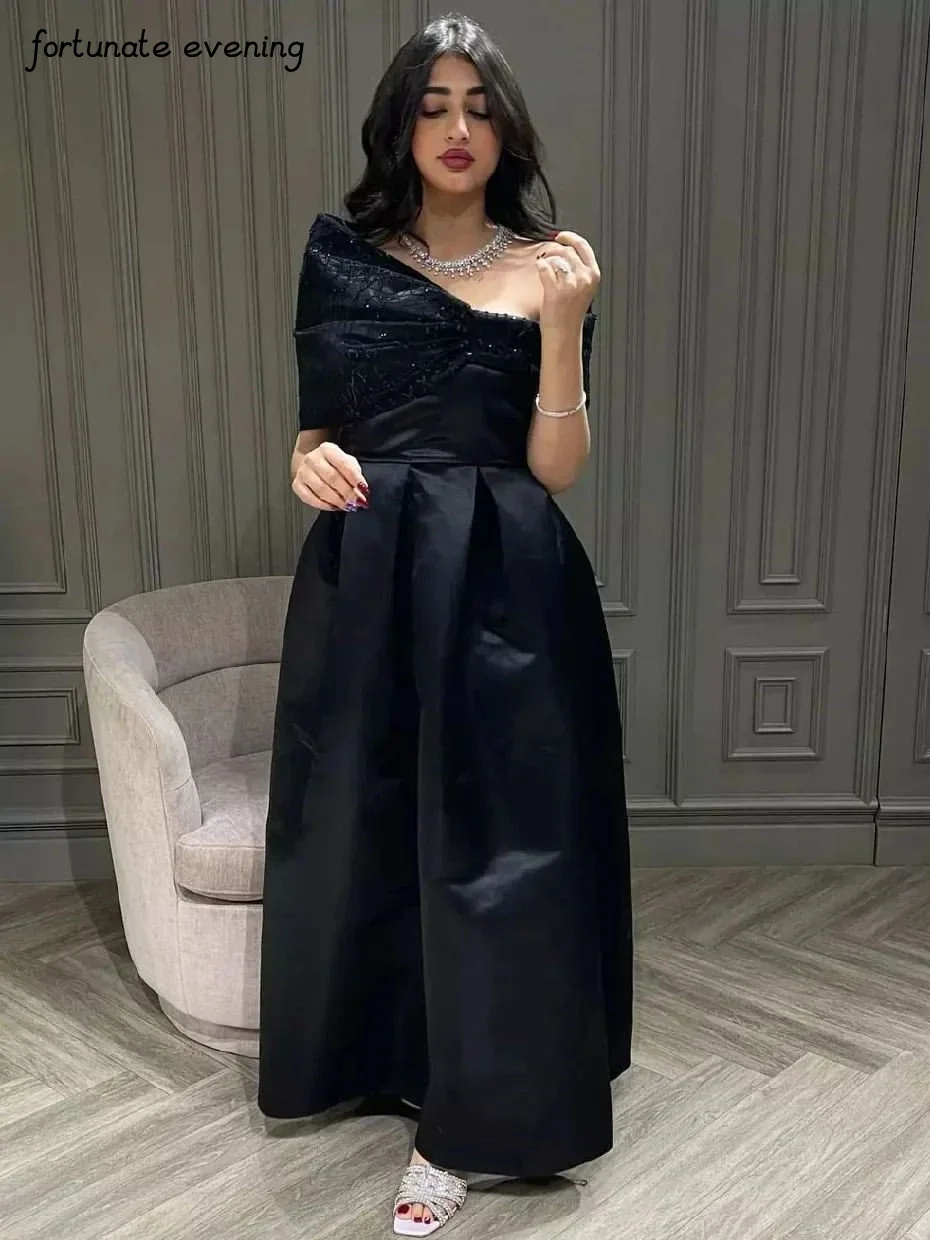 

Fortunate Evening Elegant Vintage Black Sequins Sexy Off the Shoulder Ruffle Formal Occasion Prom Dress Evening Party Gowns