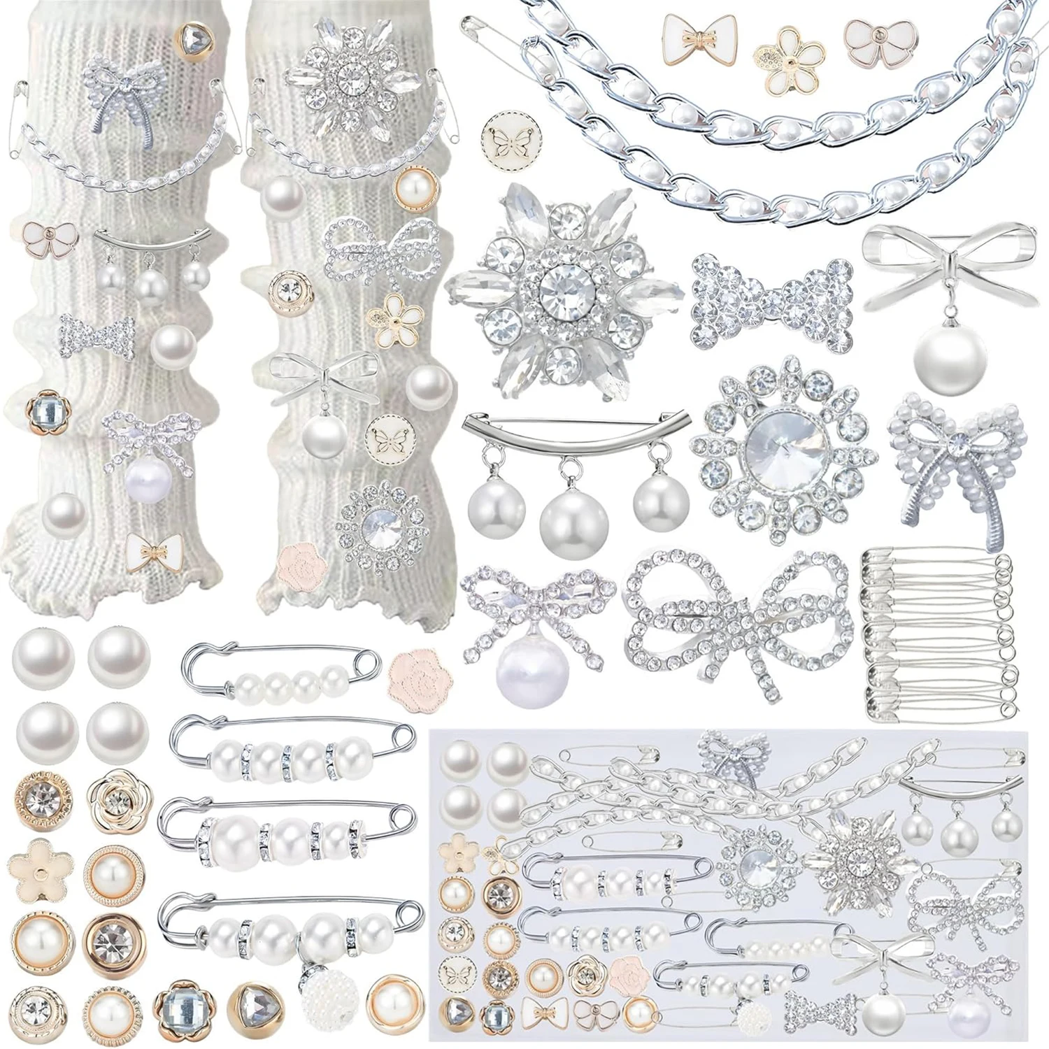 54-teiliges Schmuckset für Socken: Schuh-Charms, Broschen für Mädchen, Perlen-Strass-Sicherheitsnadeln für DIY-Socken-Individualisierung – Detail 1