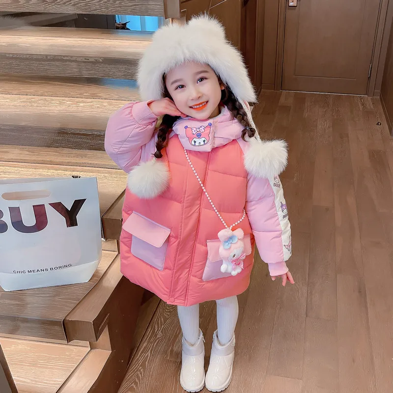 Sanrios Kuromi Girls Kuromi Two-Color Backpack Plus Velvet Cotton Coat Mid-Length Coat Baby Thickened Cartoon Coat Hooded Jacket