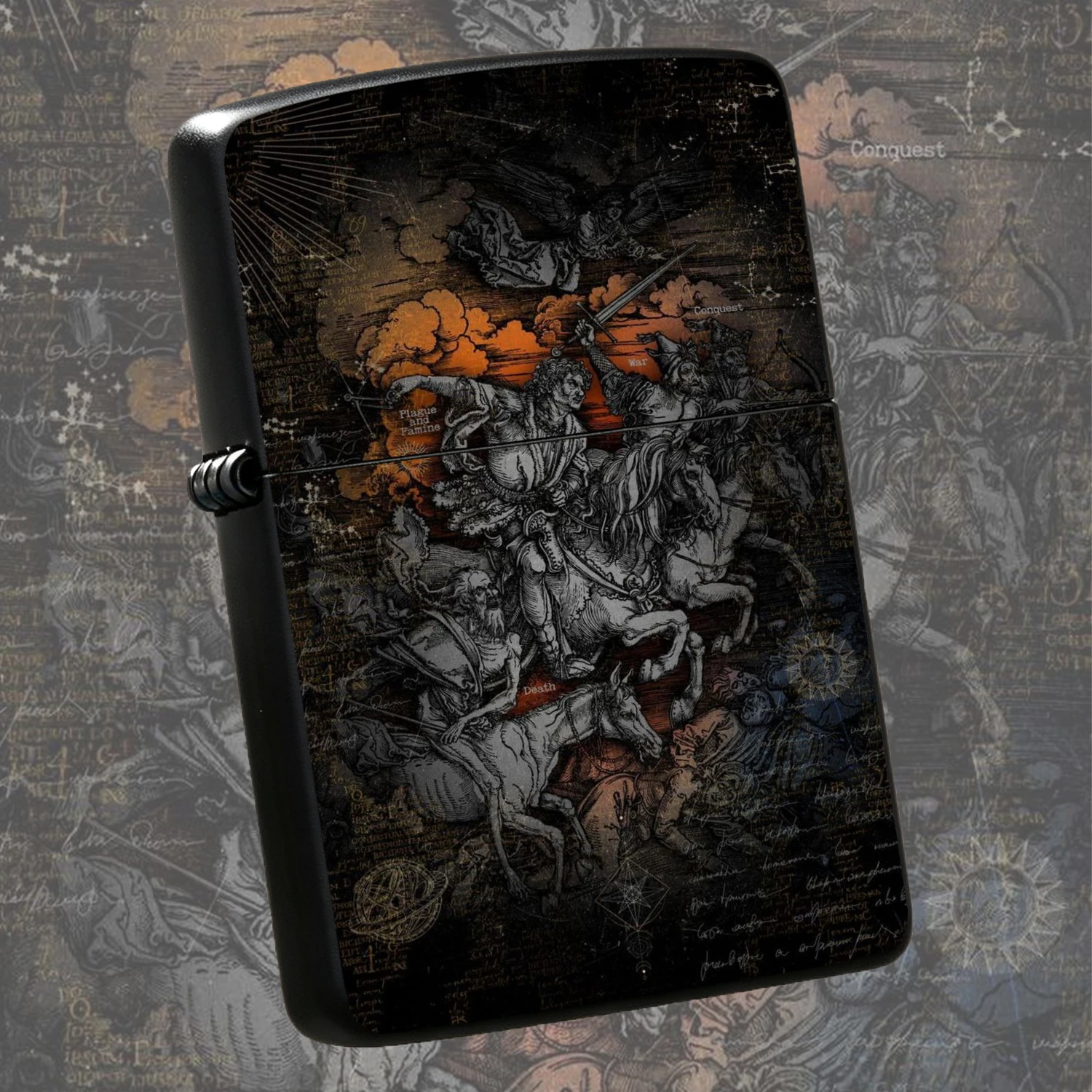 Vintage Durer Four Horsemen Etched Durable Windproof Classic Fuel Type Dark Art Collectible PORTABLE Daily Use Practical Unique Gift For Men Artistic Retro Pocket With Normal Fuel Compatibility A fun and humorous lighter