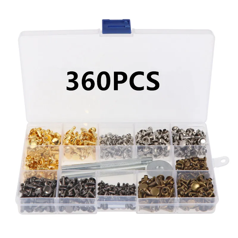 360PCS Copper Leather Double Cap Rivets Tubular Metal Studs Garment Rivets Studs With Box For Cloth Craft Fixing Tool Kits