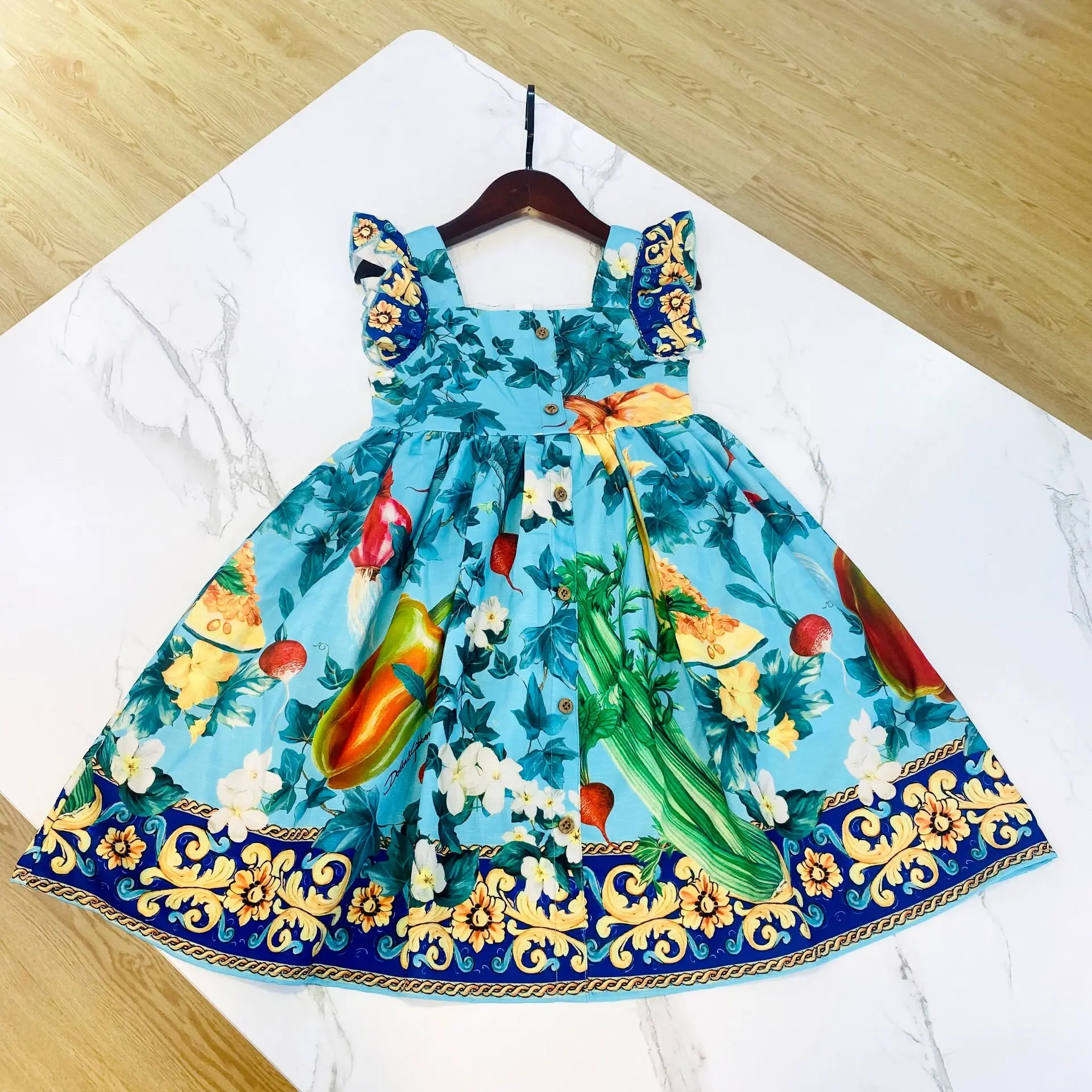 2024 latest style girl clothes blue flower dress big girl vacation dress cotton floral fruit printing kids dress