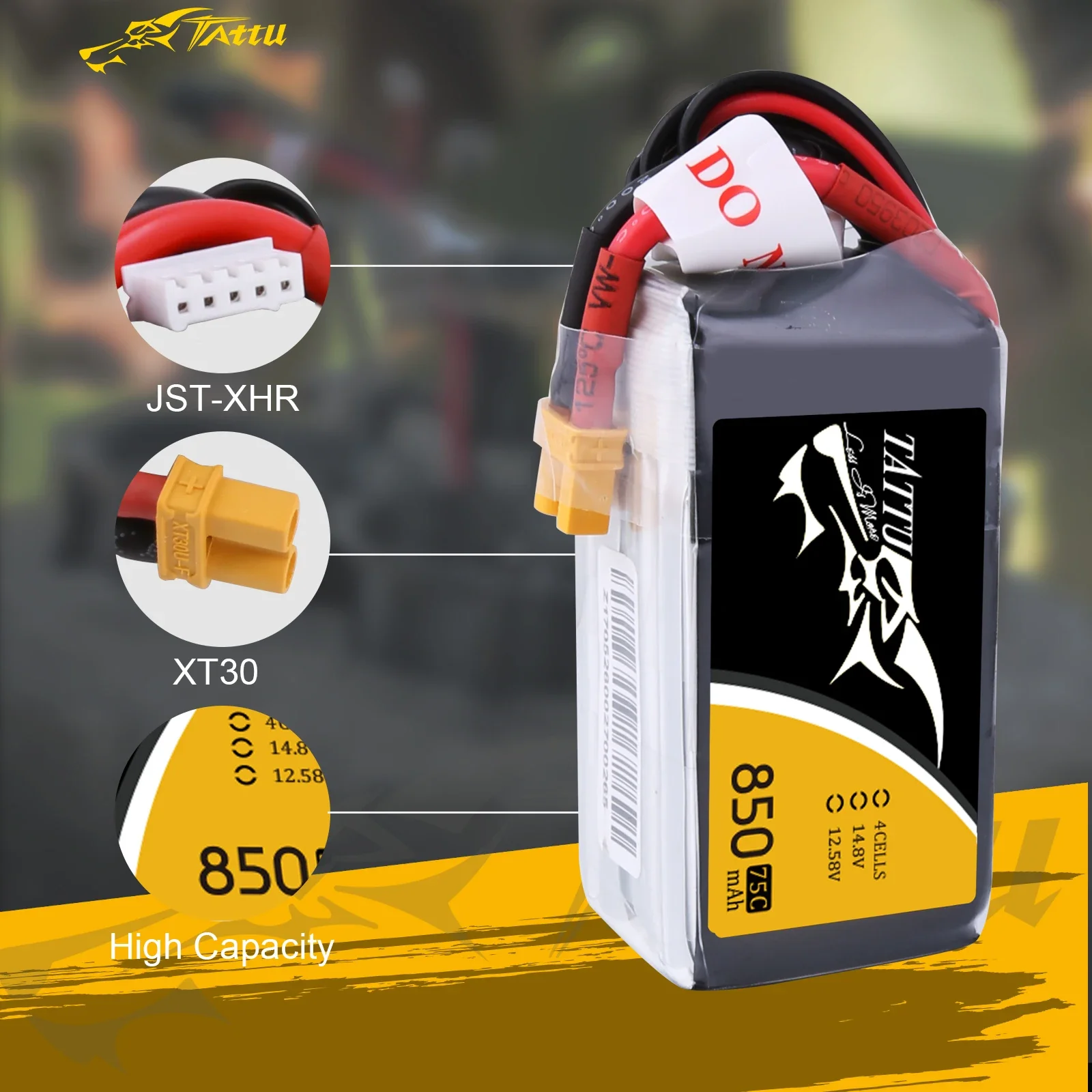 แบตเตอรี่ Tattu Lipo 14.8V 850mAh Lipo 4S แบตเตอรี่ XT30สำหรับแข่ง75C ขนาด100-180 FPV quaddrone copter helicopter