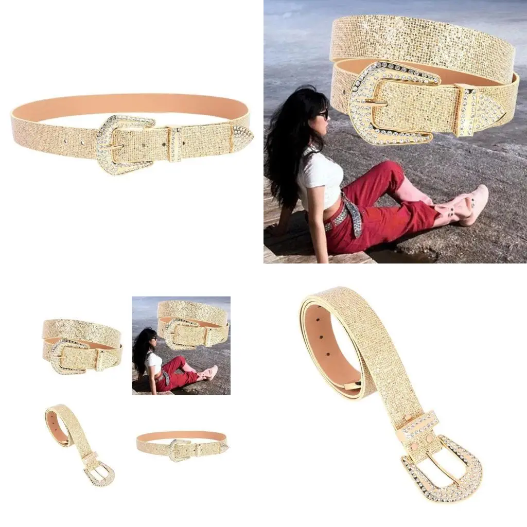 

652F Elegant Rhinestones Belt Adjustable PU Leather Waist Belt Fashion Waistband for Fashion Women