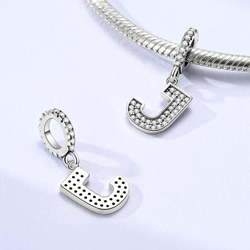 

925 Sterling Silver Letters Charms Bead CZ Zircon J Alphabet Dangle Fit Original Bracelet Women Jewelry Gift