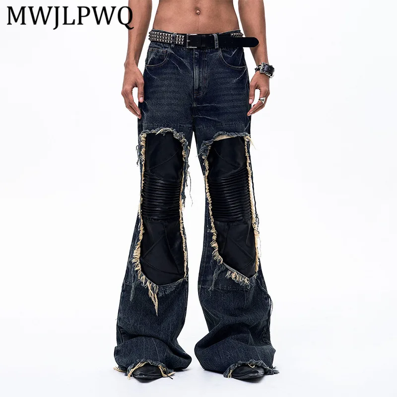 

MWJLPWQ American Retro Patchwork Leather Denim Trousers For Men Washed Distressed Raw Edge Wide-Leg Floor-Length Jeans 15832