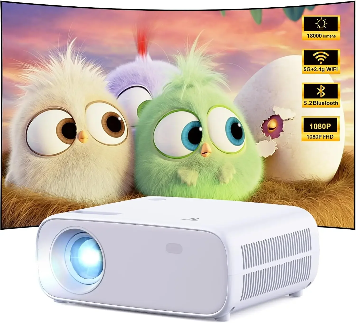 Wielio 1080P Heimkino Beamer, Bluetooth und WiFi aktiviert, Eingebauter Sound, Kompatibel mit iOS/Android/PC/HDMI/USB/X-BoX